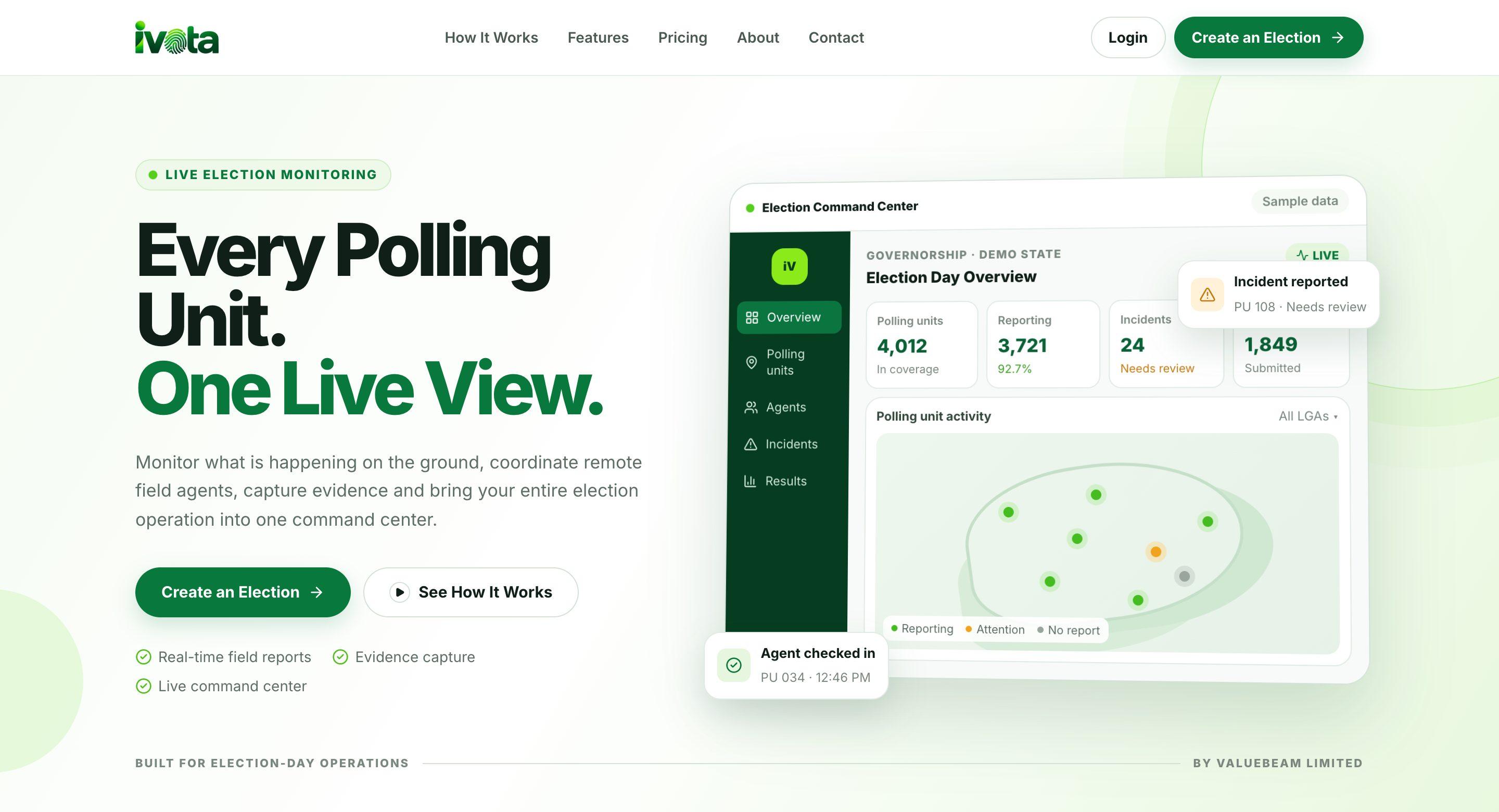 The iVota website: every polling unit, one live view, with the election command center showing polling units, reporting rate, incidents and results.